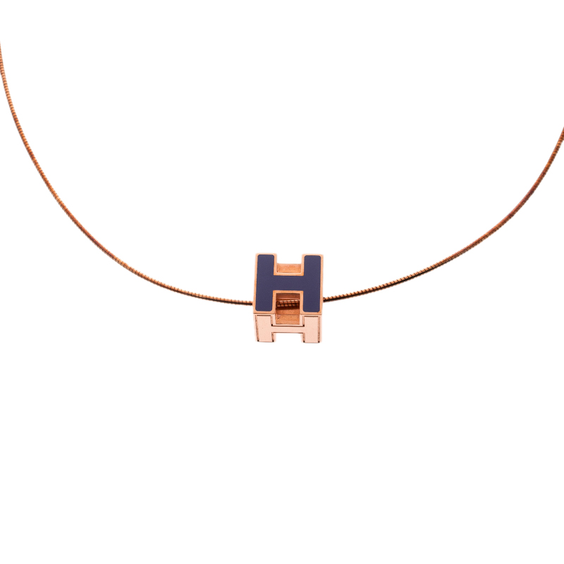 Pre Owned Hermes Cage d'H Purple Enamel Rose Gold Plated Pendant Necklace
