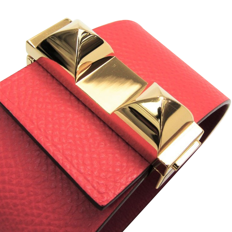 

Hermes Medor Coral Pink Leather Gold Plated Wide Cuff Bracelet