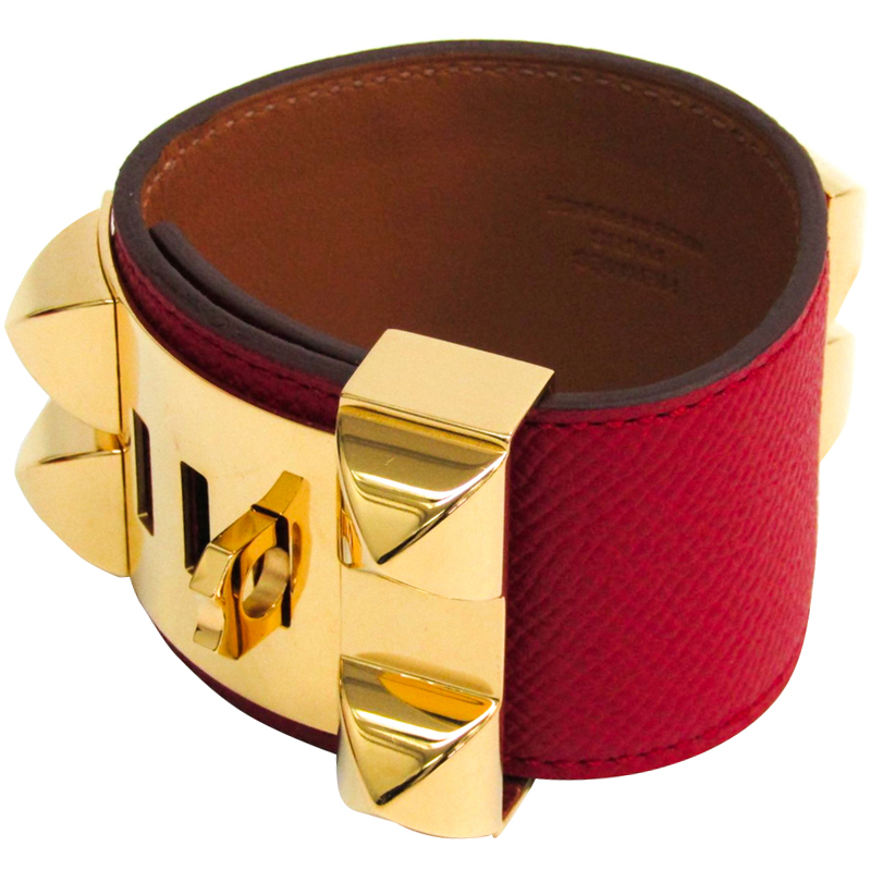 

Hermes Collier De Chien Red Epsom Leather Gold Plated Wide Cuff Bracelet