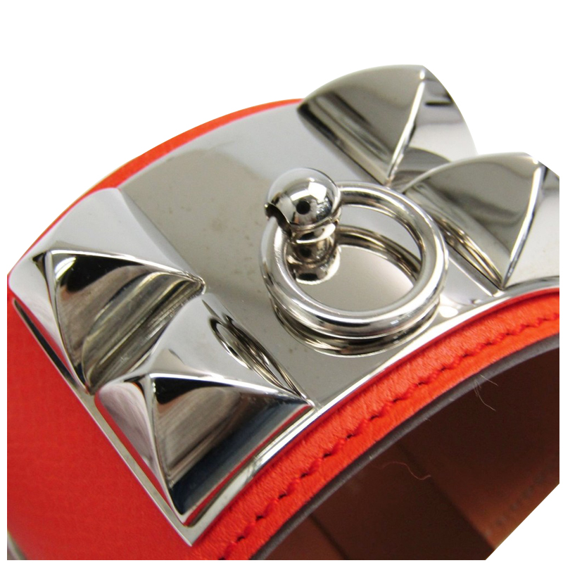 

Hermes Collier De Chien Orange Poppy Epsom Leather Palladium Plated Wide Cuff Bracelet