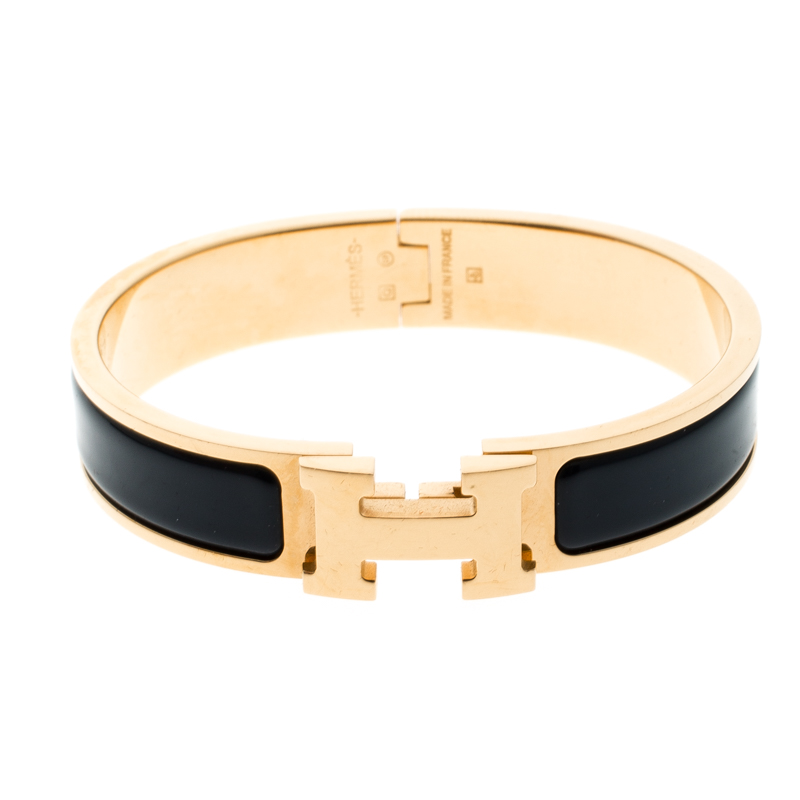 Hermes Clic Clac H Navy Blue Enamel Gold Plated Narrow Bracelet PM