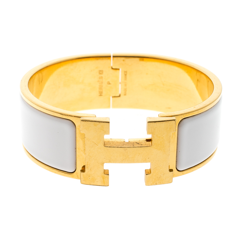 Pre Owned Hermes Clic Clac H White Enamel Gold Plated Wide Bracelet GM