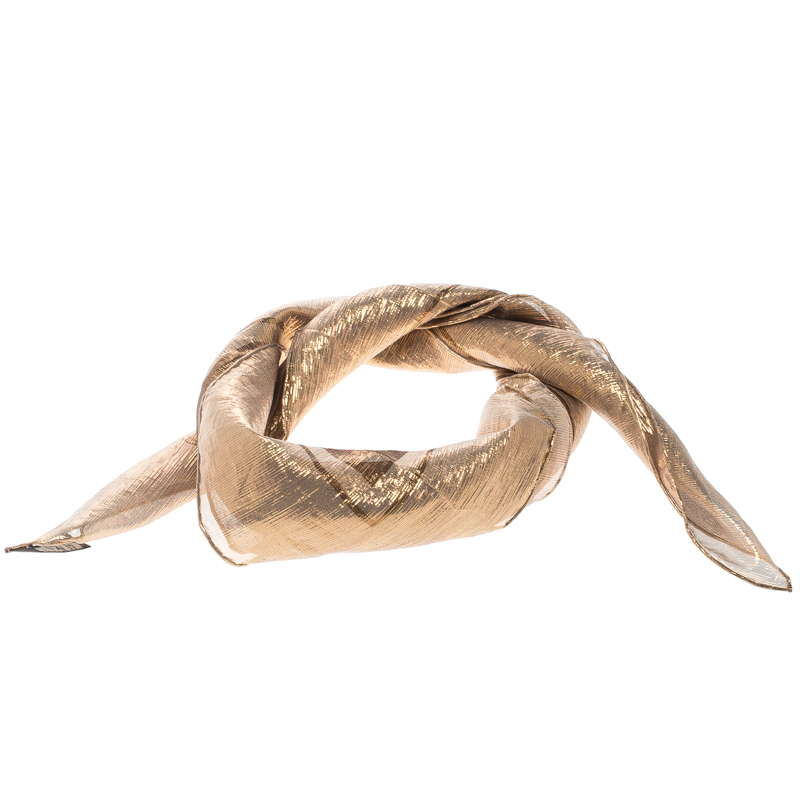 Pre Owned Hermes Gold Lurex Detail Carriage Pattern Glitter Square Scarf