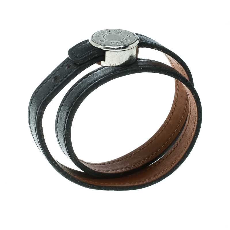 

Hermes Black Looping Interchangeable Leather Palladium Plated Bracelet