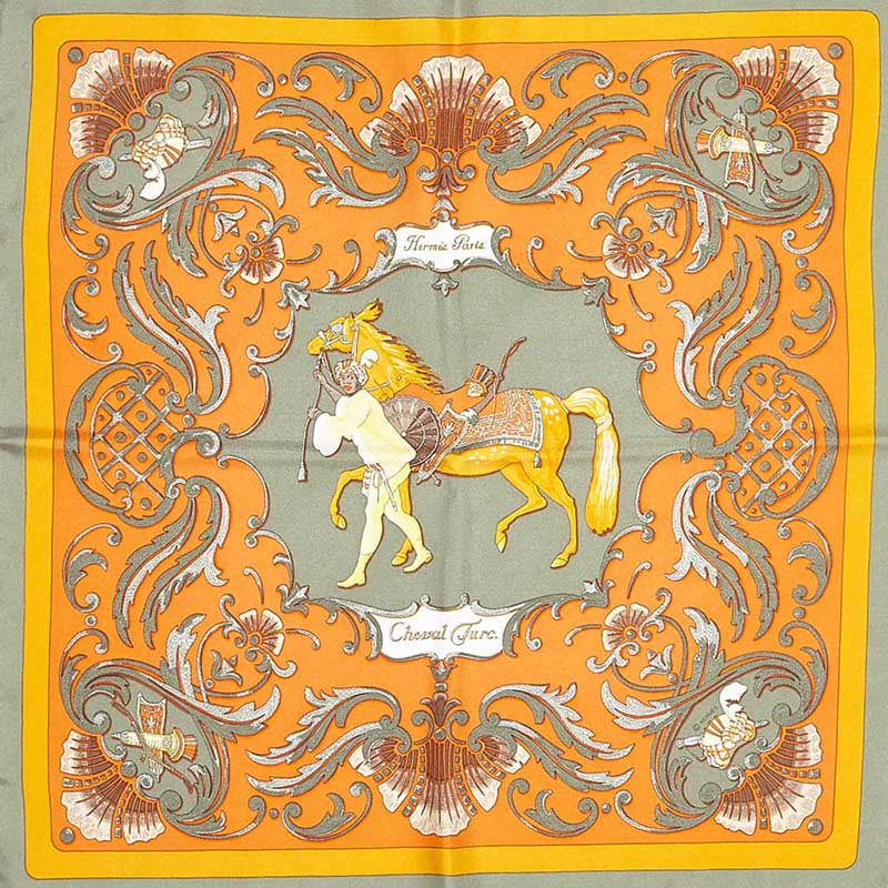 

Hermes Orange Printed Cheval Turc Silk Foulard Scarf