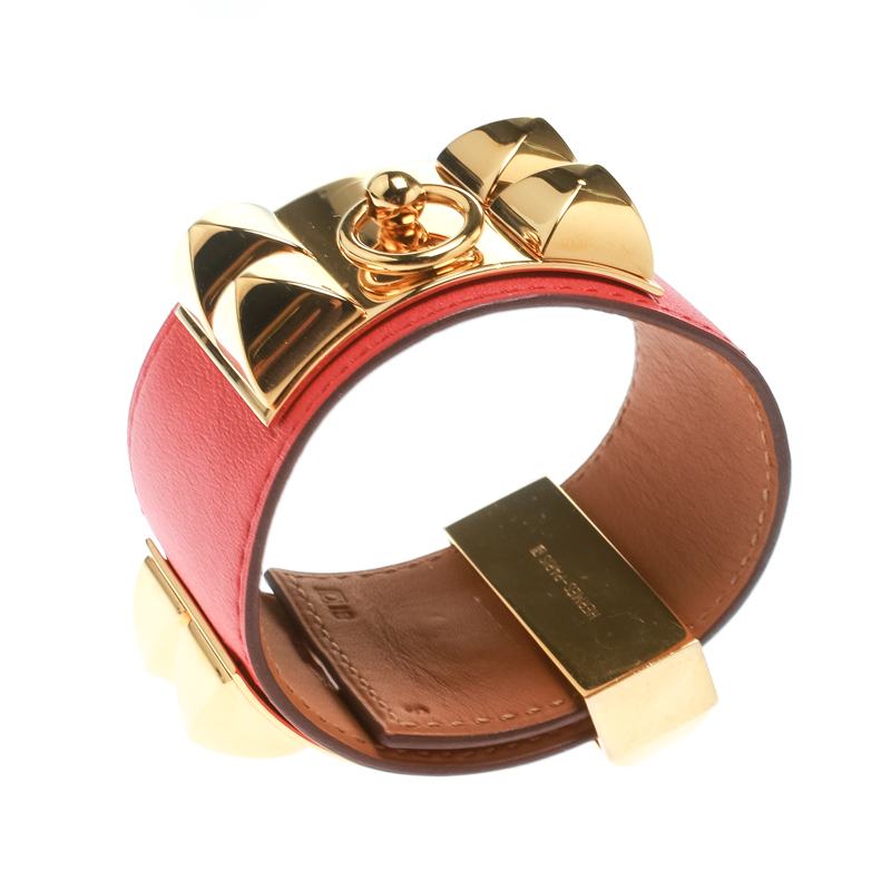 

Hermes Collier De Chien Red Leather Gold Plated Wide Cuff Bracelet