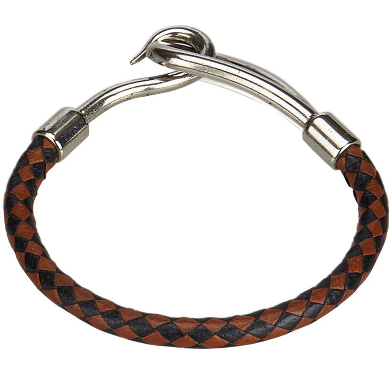 

Hermes Jumbo Brown Woven Leather Silver Bracelet, Black