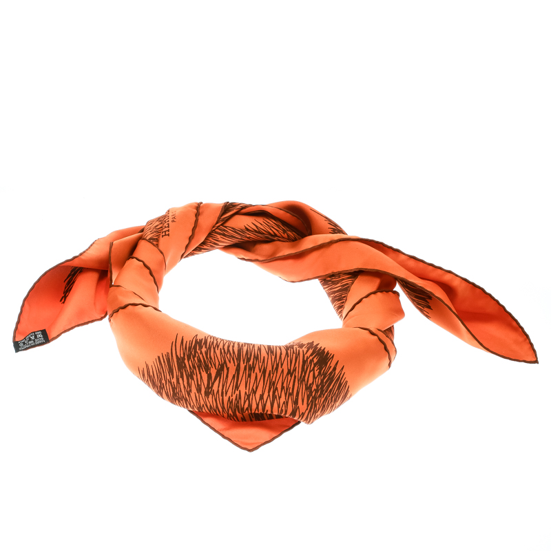 Pre Owned Hermes Orange Silk Grass Printed Scarf