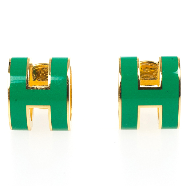 Pre Owned Hermes Pop H Green Lacquer Earrings