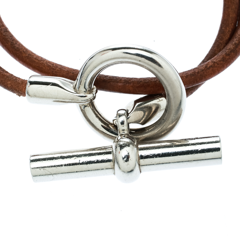 

Hermes Glenan Brown Leather Double Wrap Toggle Bracelet