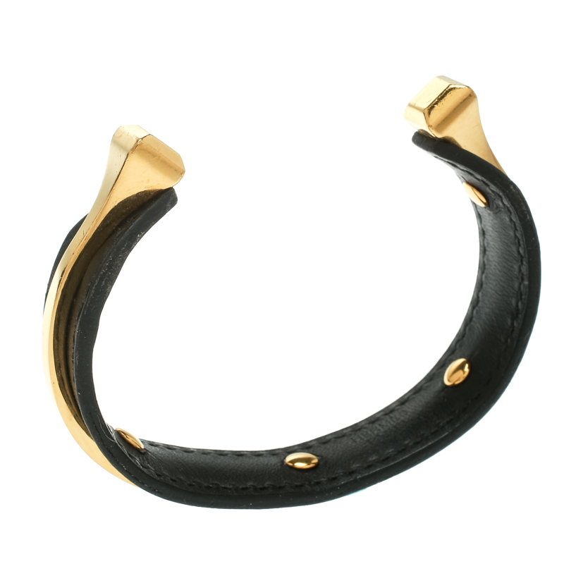 

Hermes Black Leather Gold Plated Open Cuff Bracelet