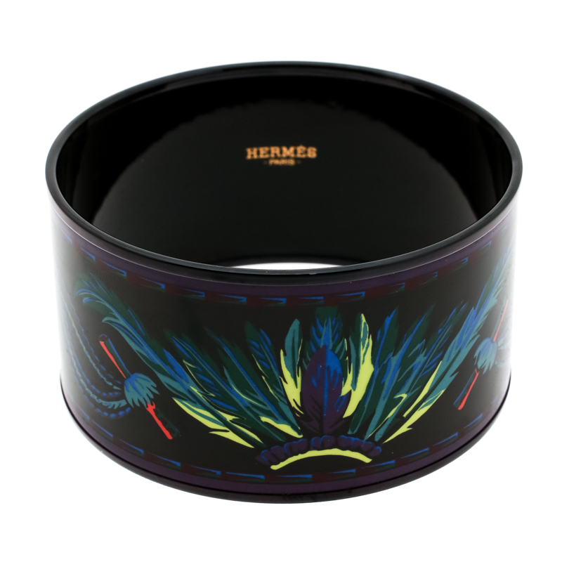 Pre Owned Hermes Multicolor Feather Printed Enamel Extra Wide Bangle Bracelet