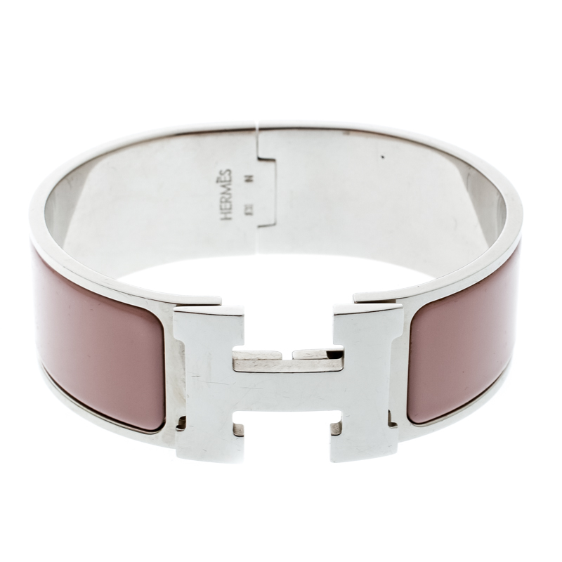Pre Owned Hermes Clic Clac H Blush Pink Enamel Palladium Plated Wide Bracelet PM