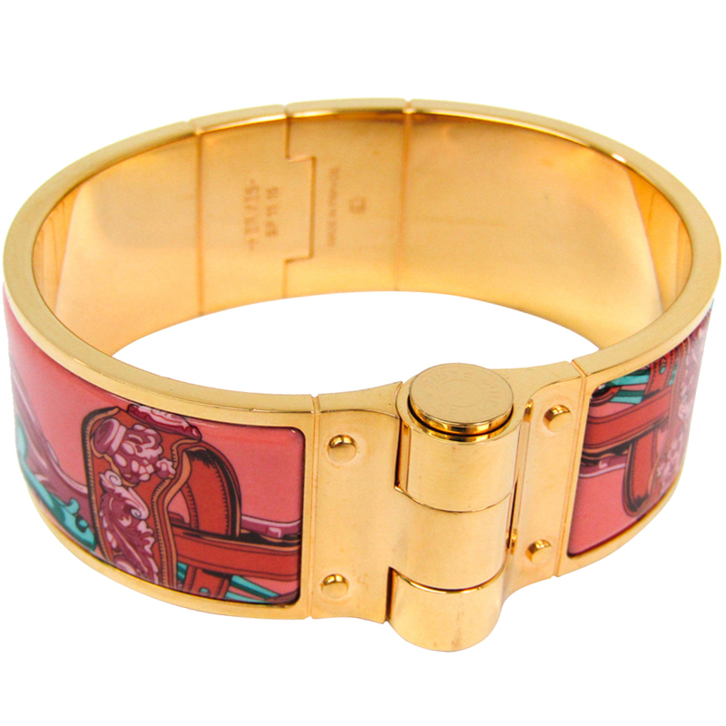 Hermes Charniere Printed Enamel Gold Plated Wide Uni Bracelet 