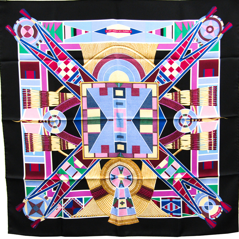 

Hermes Black Printed Silk L'art Indien Des Plaines Square Scarf