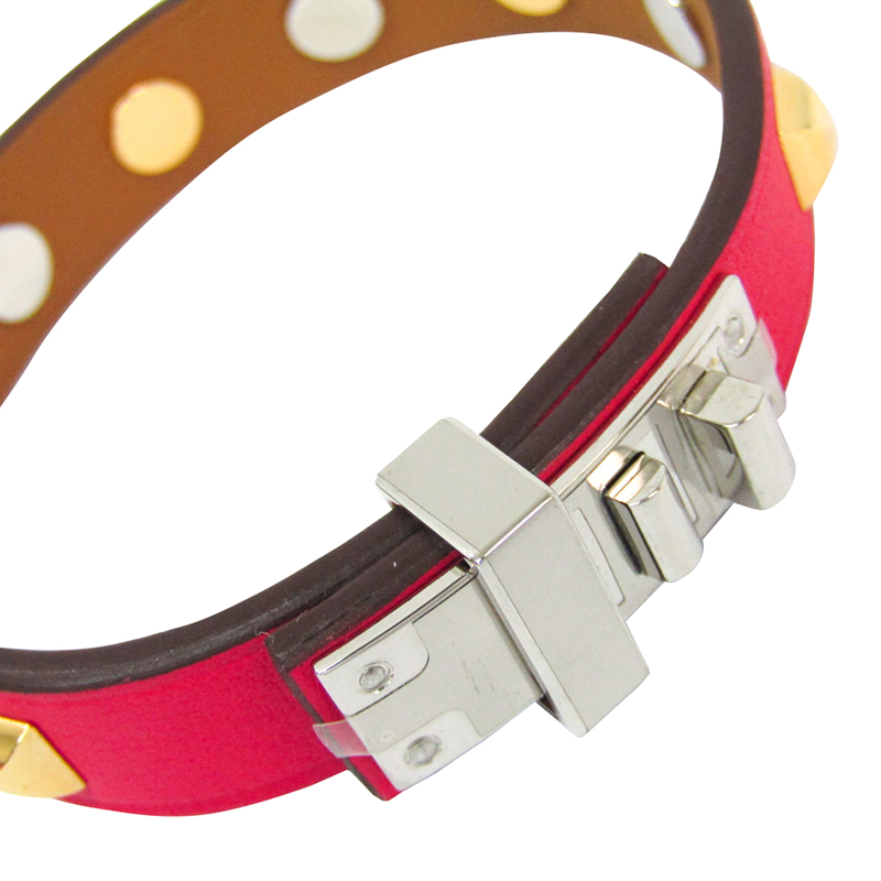 

Hermes Mini Dog Clous Carres Pink Swift Leather Palladium Plated Square Studs Bracelet