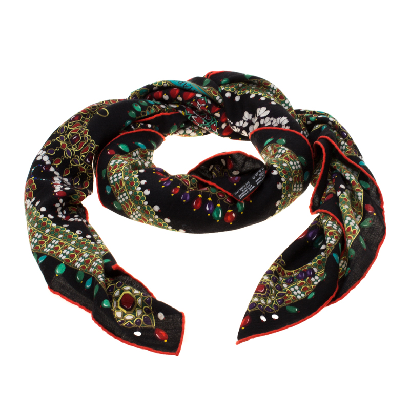 Pre Owned Hermes Multicolor Jewel Print Parures des Maharajas Cashmere and Silk Shawl 