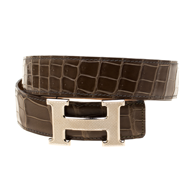 

Hermès Elephant Grey Crocodile Guilloche Palladium Hardware H Buckle Belt