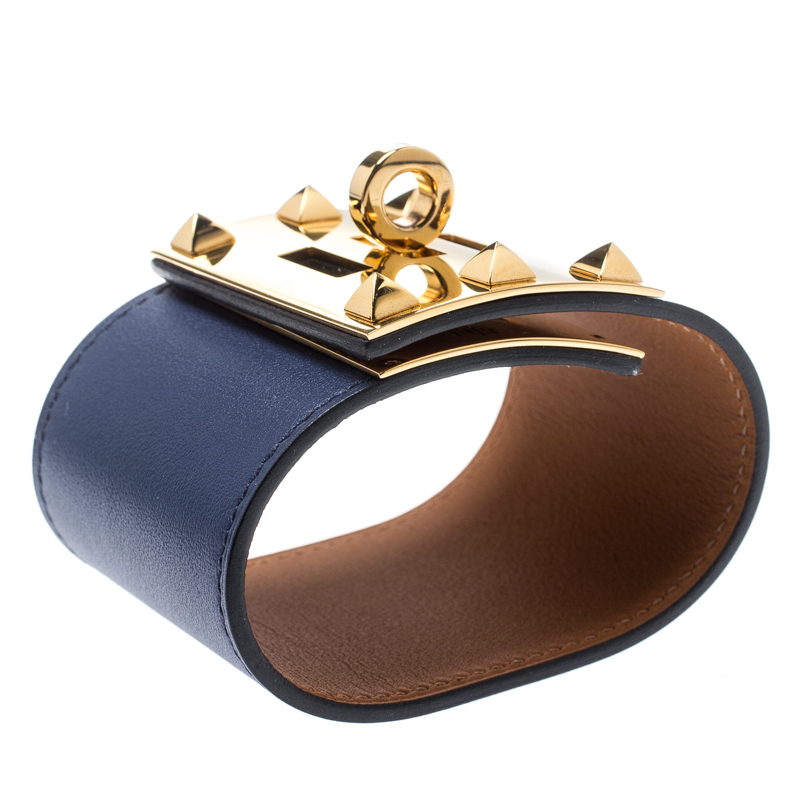 

Hermes Kelly Dog Extreme Blue Leather Gold Plated Wide Bracelet
