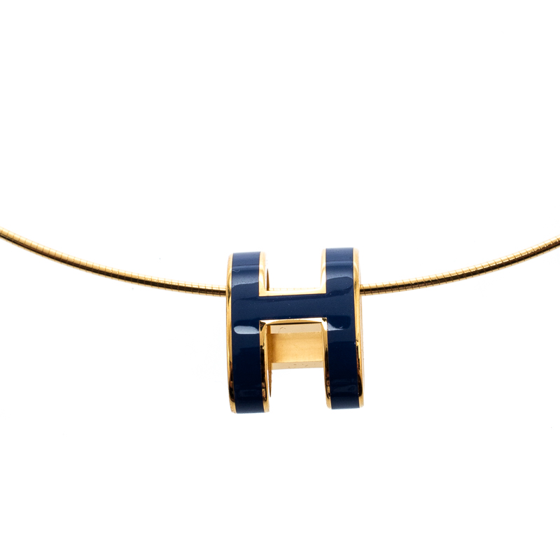 Hermes Pop H Royal Blue Lacquer Gold Plated Pendant Necklace 