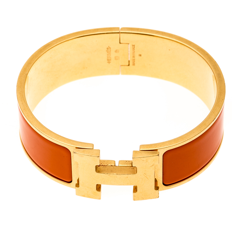 Hermes Clic Clac H Orange Enamel Gold Plated Wide Bracelet GM Hermes | TLC