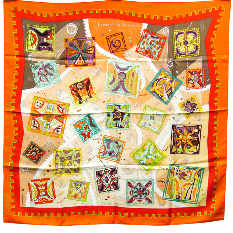 

Hermes Orange Printed La MÃ©canique Des IdÃ©es Silk Square Scarf