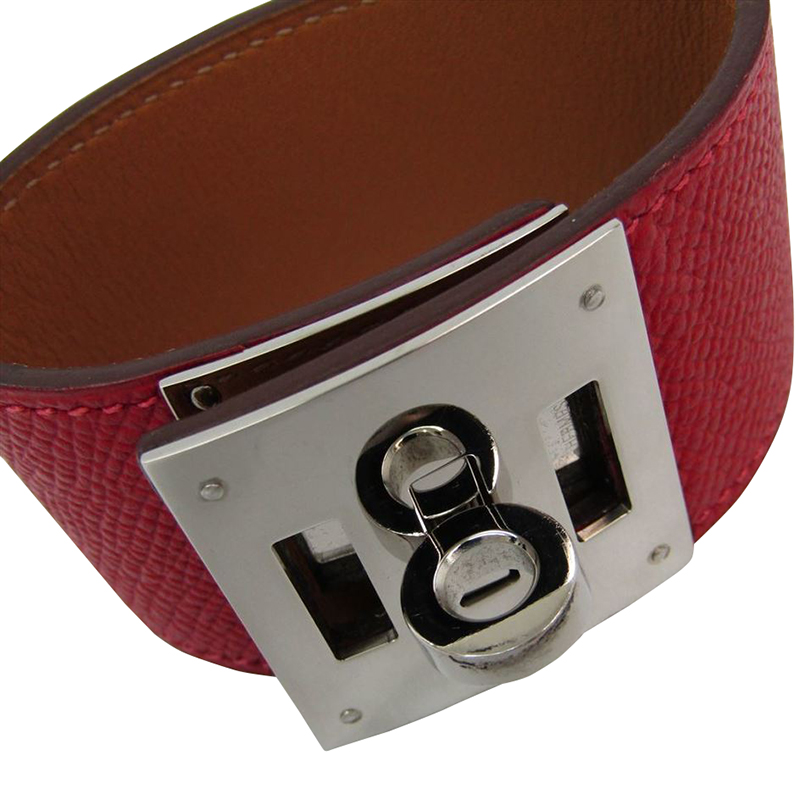 

Hermes Kelly Dog Red Epsom Leather Palladium Plated Wide Bracelet