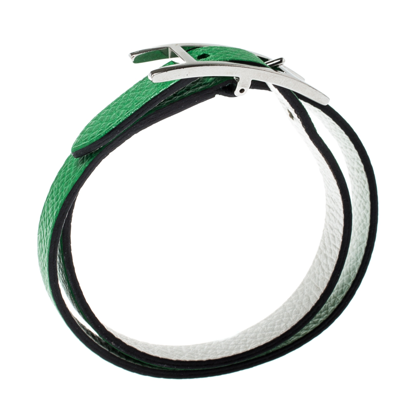 

Hermes Behapi Green and White Leather Reversible Double Tour Bracelet