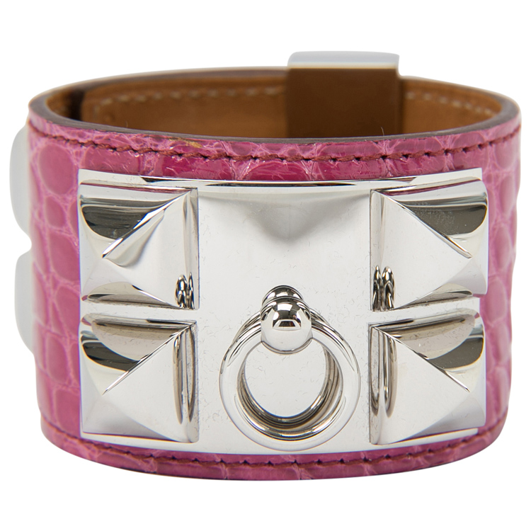Pre Owned Hermes Collier De Chien Pink Alligator Leather Palladium Plated Cuff Bracelet S
