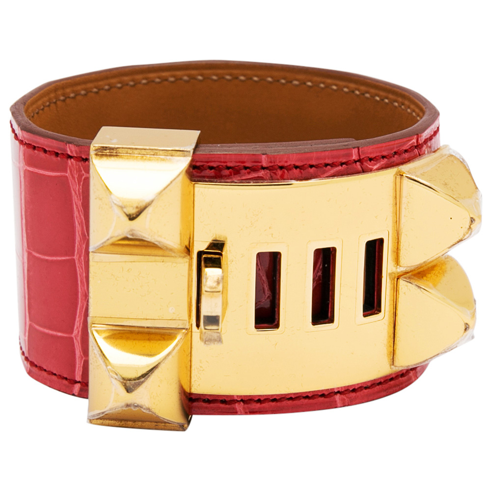 

Hermes Collier De Chien Red Alligator Leather Gold Plated Cuff Bracelet