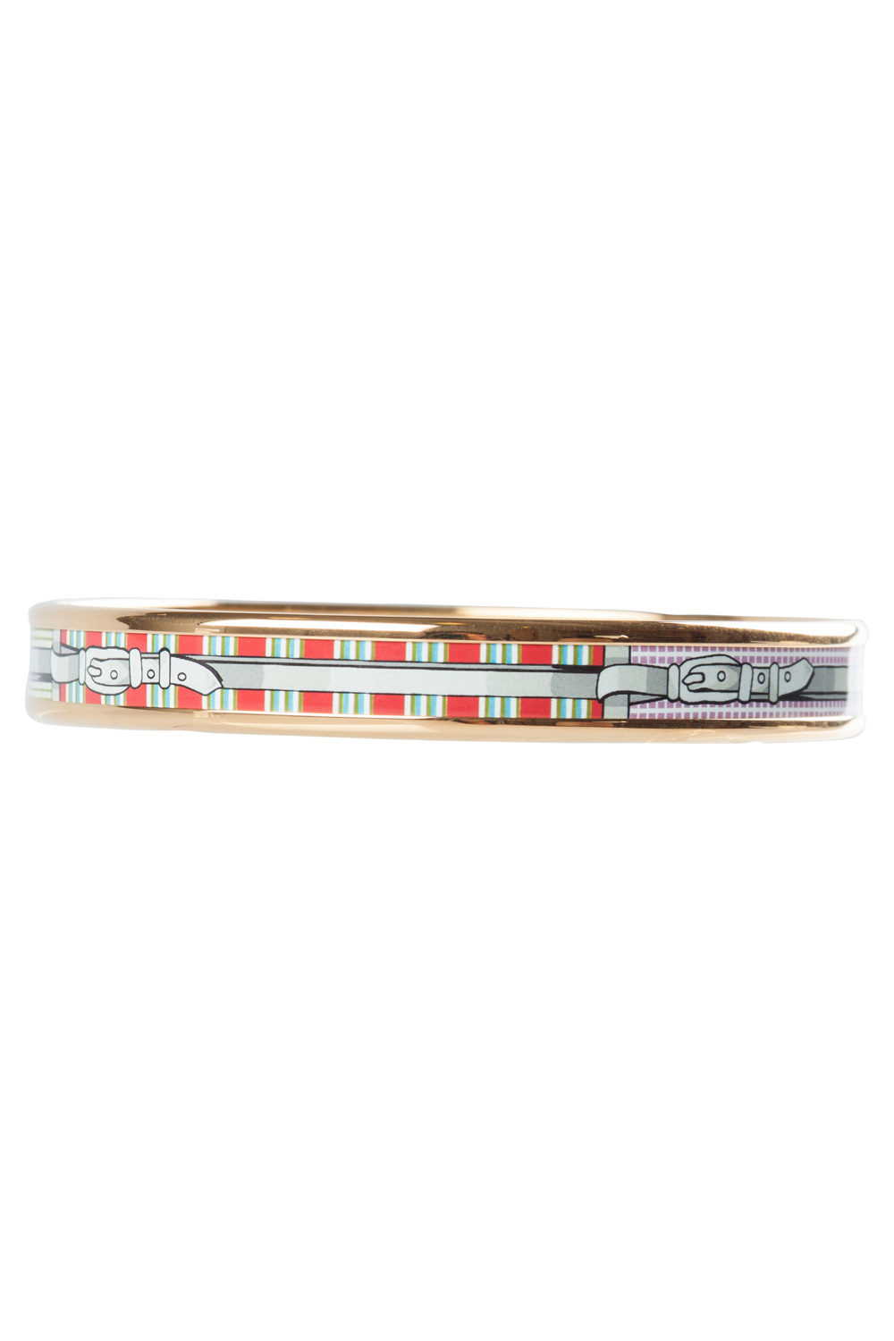 Pre Owned Hermes Multicolor Belt Printed Enamel Gold Plated Bangle Bracelet