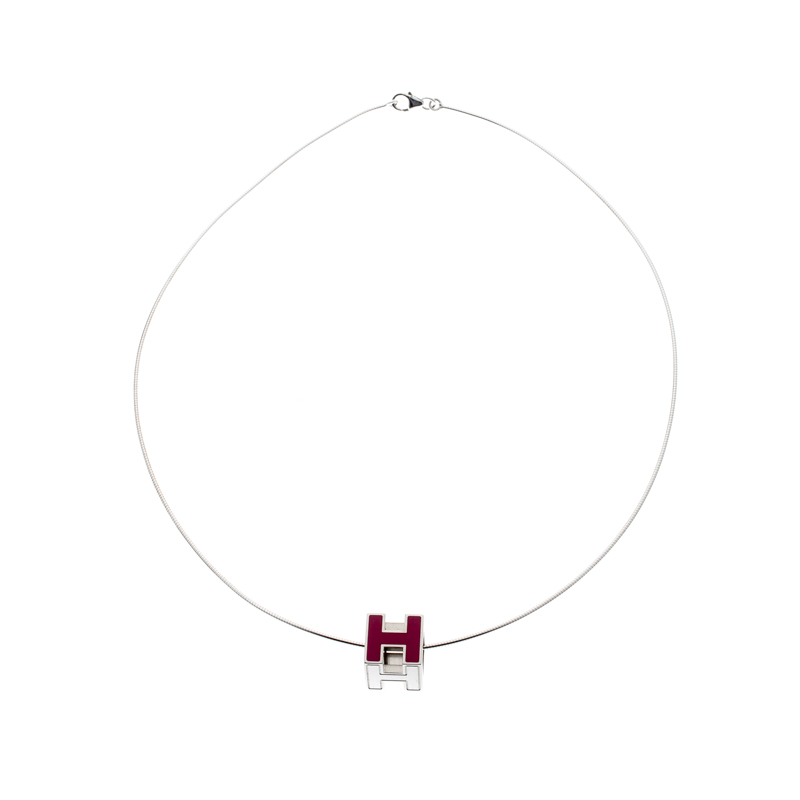 

Hermes Cage d'H Pink Lacquer Palladium Plated Pendant Necklace