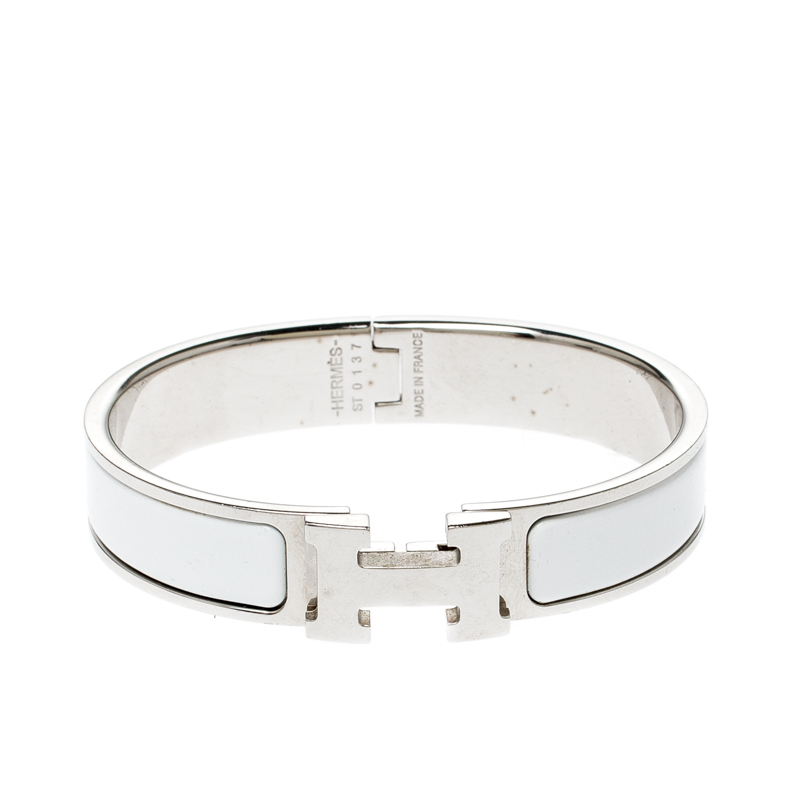 Hermès Clic H White Enamel Palladium Plated Narrow Bracelet PM