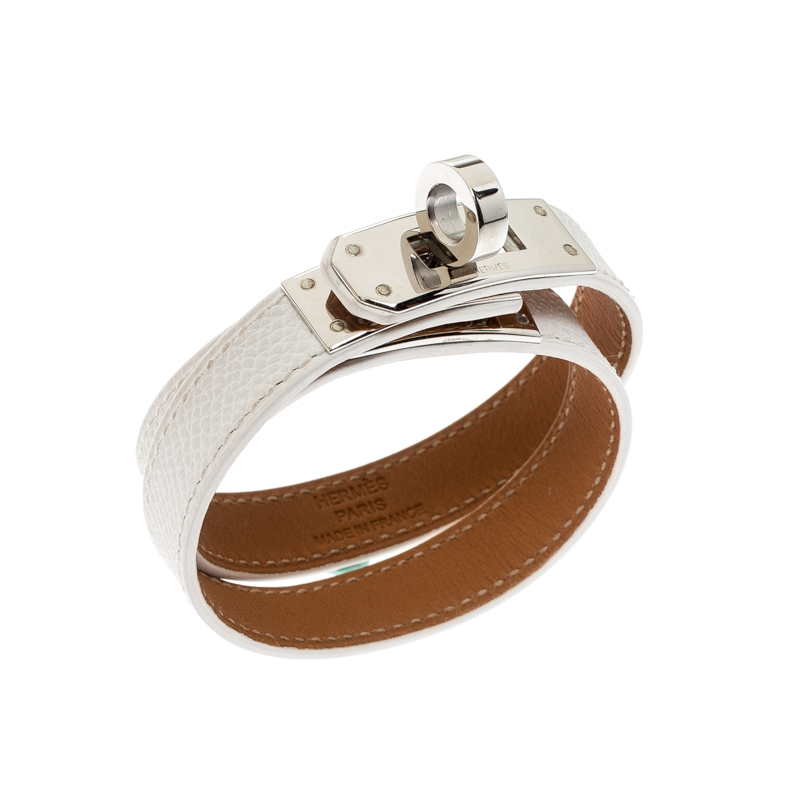 

Hermes Kelly Double Tour White Leather Palladium Plated Wrap Bracelet