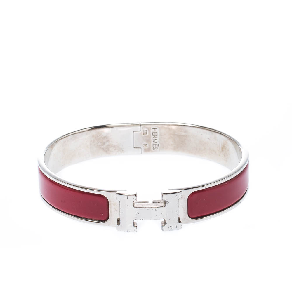 Pre Owned Hermes Clic Clac H Red Enamel Palladium Plated Narrow Bracelet GM