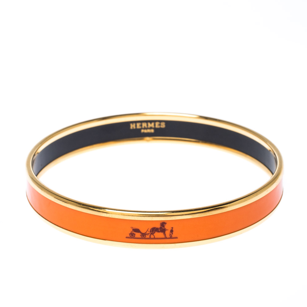 Hermes Caleche Orange Enamel Gold Plated Narrow Bangle Bracelet M