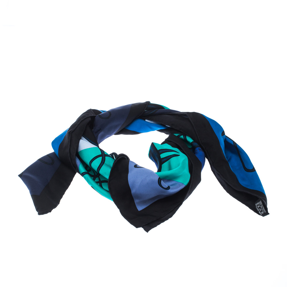 Hermes Blue Abstract Horse Print Silk Coup De Fouet Scarf 