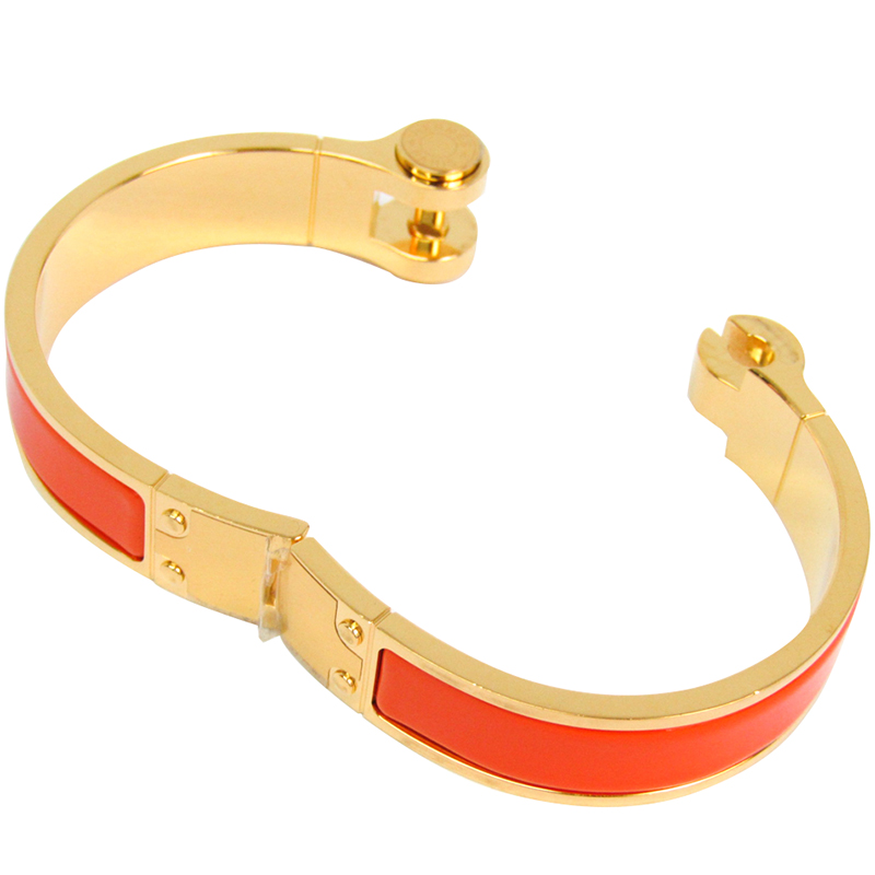 

Hermes Enamel Charniere Orange CloisonnÃ© Gold Pleated Bracelet