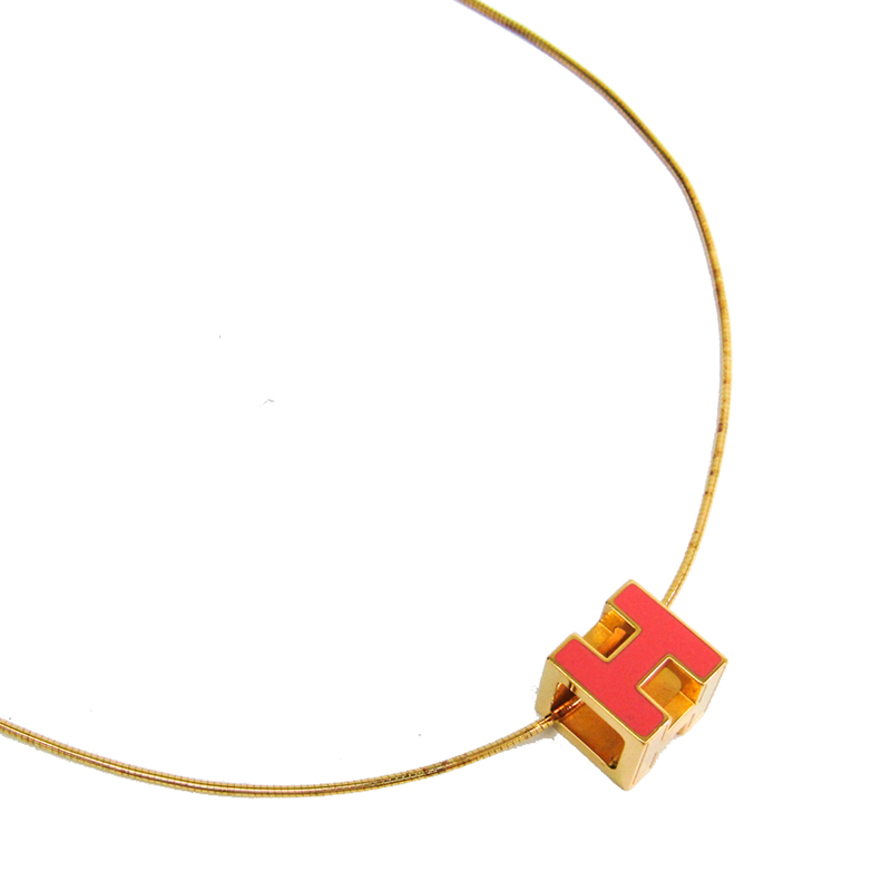 

Hermes Cage d'H Orange Enamel Gold Plated Pendant Necklace