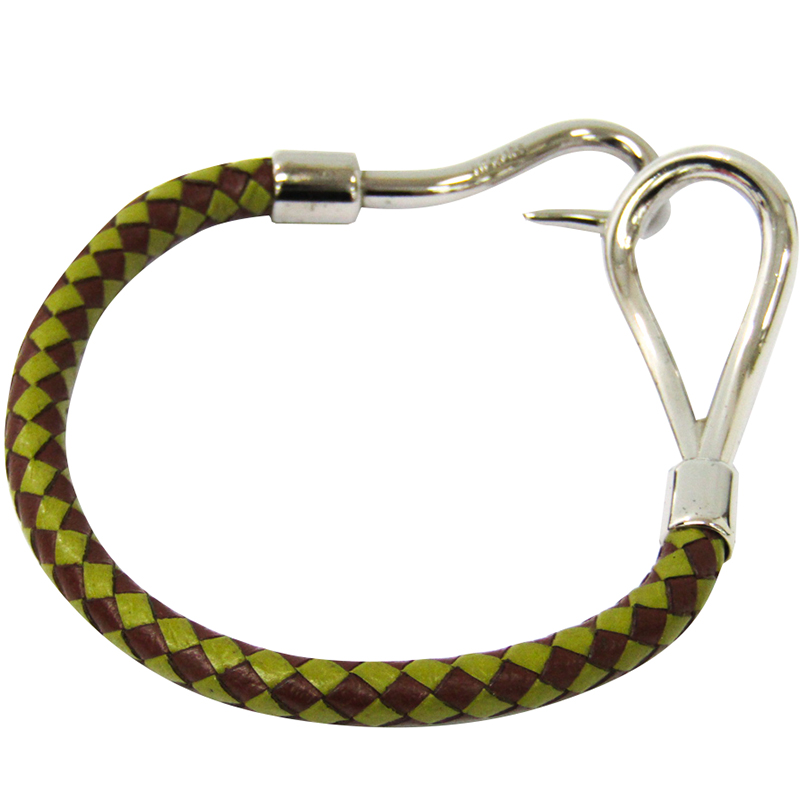 

Hermes Jumbo Green Woven Leather Silver Bracelet, Brown