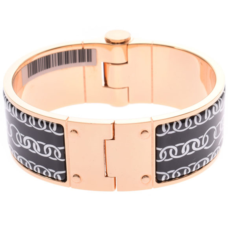 

Hermes Charniere Printed Enamel Rose Gold Plated Wide Uni Bracelet, Black