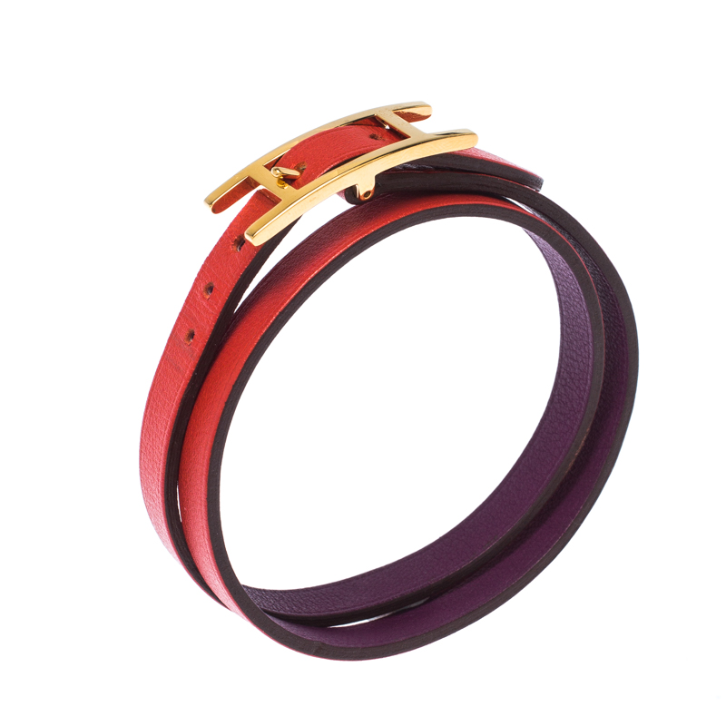 

Hermes Behapi Red / Purple Leather Gold Plated Reversible Double Tour Bracelet