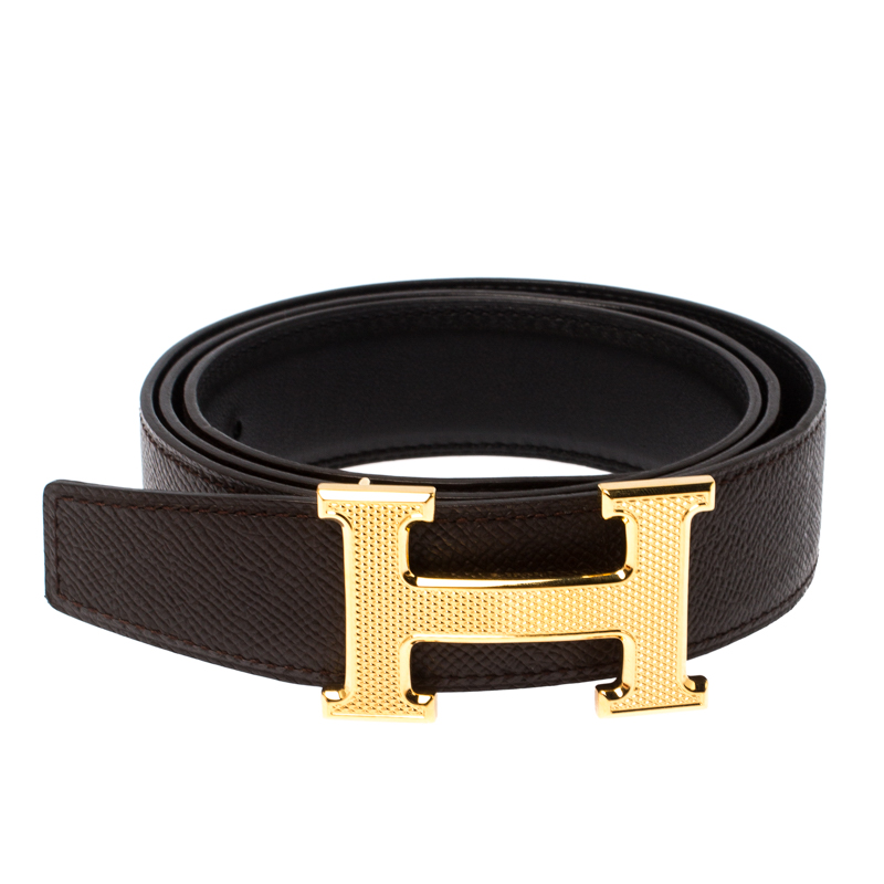 

Hermes Etain/Black Epsom and Box Calf Leather Guillochee H Buckle Reversible Belt, Brown