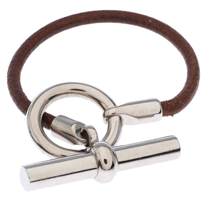 

Hermes Brown Leather Palladium Plated Glenan Toggle Bracelet