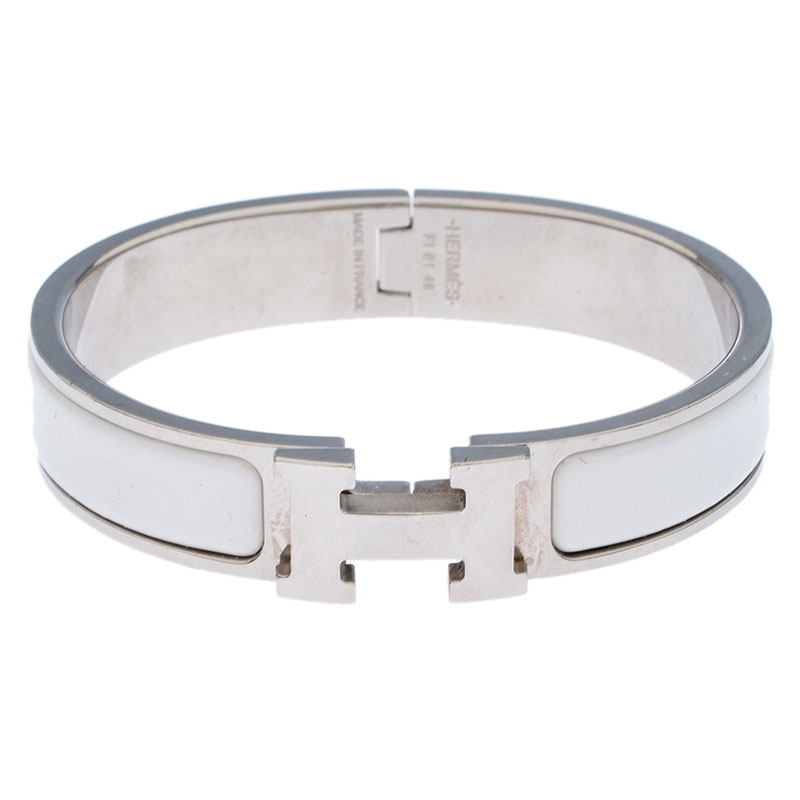 Pre Owned Hermes Clic Clac H White Enamel Palladium Plated Narrow Bracelet PM