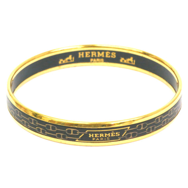 Pre Owned Hermes Narrow Black Gold Printed Enamel Bracelet