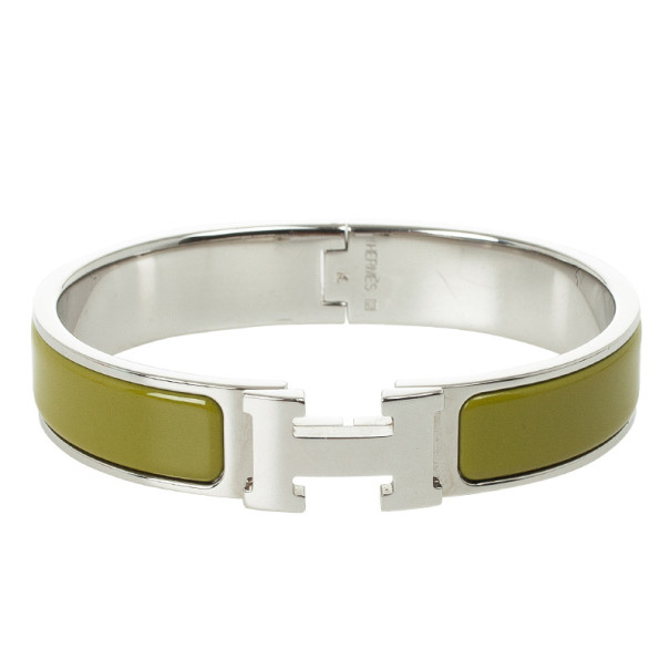 Pre Owned Hermes Clic-Clac H Green Enameld Palladium Plated Bracelet PM