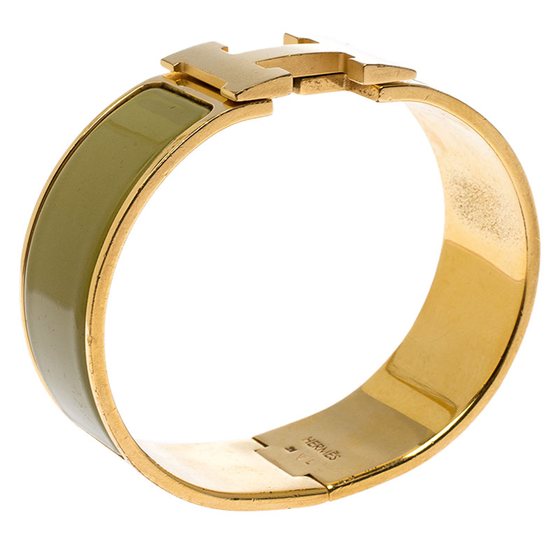 

Hermes Clic Clac H Green Enamel Gold Plated Wide Bracelet GM