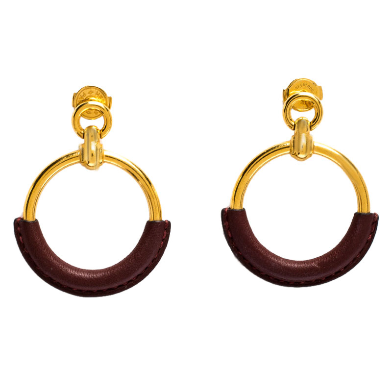 Hermès Gold Plated Barenia Leather Loop Earrings