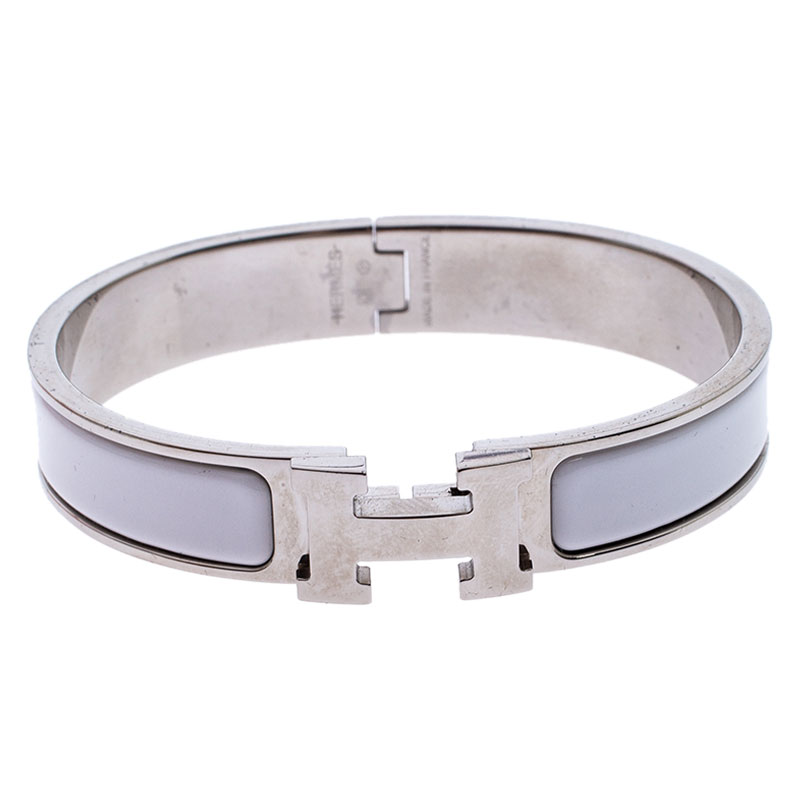 Pre Owned Hermès Clic H White Enamel Palladium Plated Narrow Bracelet GM
